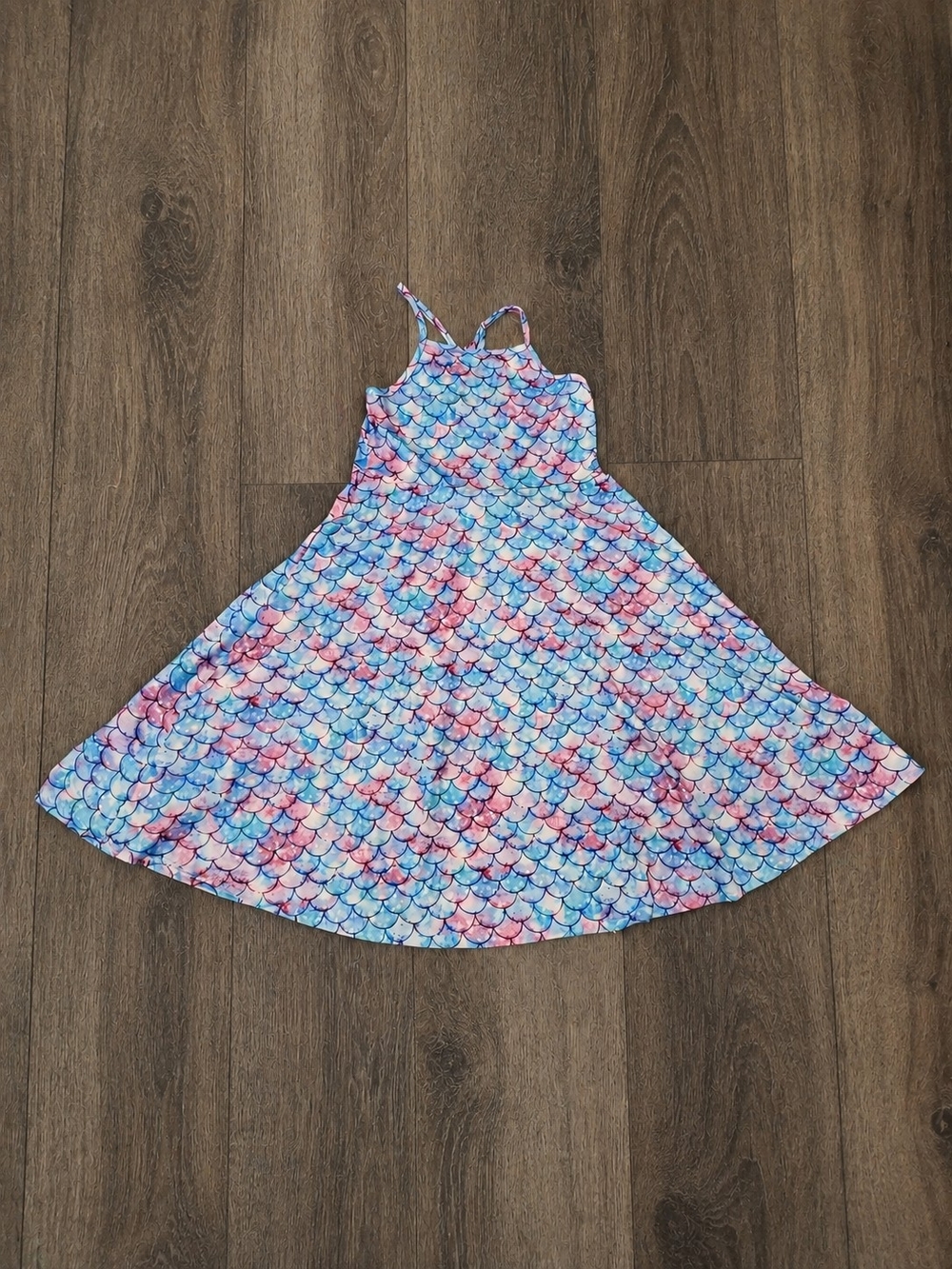 Girls' Mermaid Scale Print Summer Dress - Pink & Blue XL